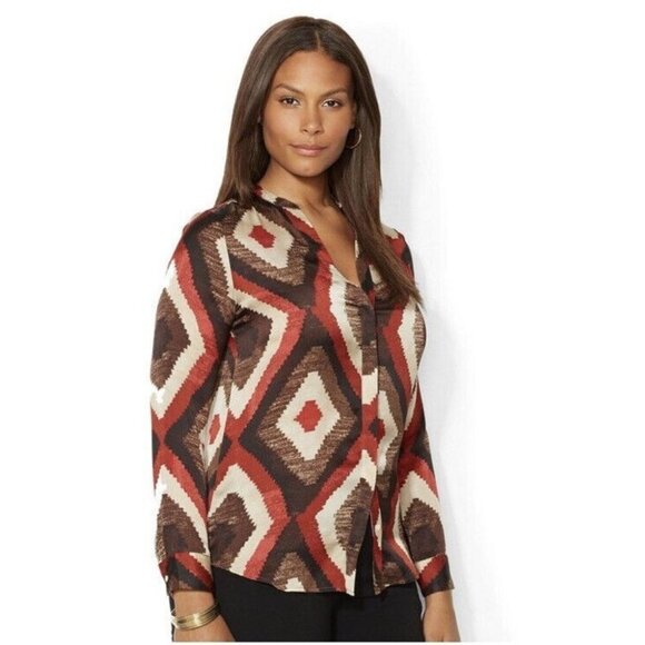 Lauren Ralph Lauren Tops - Lauren Ralph Lauren 100% Silk Top Womens 1X Brown Brick Red Aztec Southwestern